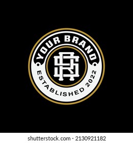 Monogram, Badge Logo, Initial letters R, S, RS or SR, Interlock, Modern, Sporty, Black, White and Gold Color on Black Background
