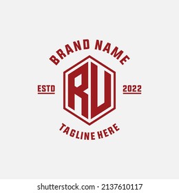 Monogram, Badge Logo, Initial letters R, U, RU or UR, Modern, Sporty, Red Color on White Background