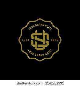 Monograma, logotipo de distintivo, letras iniciales S, Y, SY o YS, interbloqueo, moderno, deportivo, dorado color sobre fondo negro