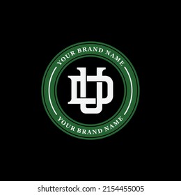 Monogram, Badge Logo, Initial letters U, D, UD or DU, Interlock, Modern, Sporty, White and Green Color on Black Background