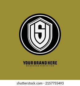 Monogramm, Badge-Logo, Anfangsbuchstaben S, V, SV oder VS, modern, sportlich, weiß und schwarz auf goldenem Hintergrund