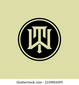 Monograma, logotipo de distintivo, letras iniciales T, W, TW o WT, interbloqueo, modernidad, esporádico, crema y color negro sobre fondo crema