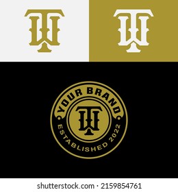 Monogram, Badge Logo, Initial letters T, W, TW or WT, Interlock, Modern, Sporty, White, White, Gold and Black Color