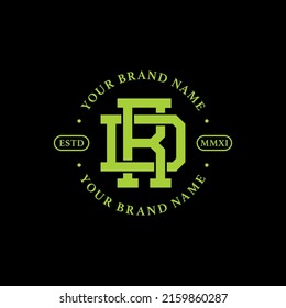 Monogram, Badge Logo, Initial letters R, D, RD or DR, Interlock, Modern, Sporty, Green Color on Black Background