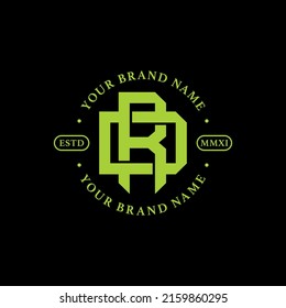Monogram, Badge Logo, Initial letters R, D, RD or DR, Interlock, Modern, Sporty, Green Color on Black Background