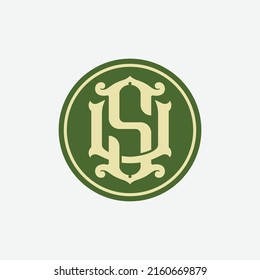 Monogram, Badge Logo, Initial letters S, U, SU or US, Interlock, Vintage, Classic, Green Color on White Background