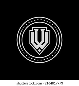 Monogram, Badge Logo, Initial letters V, W, VW or WV, Modern, Sporty, Grey Color on Black Background