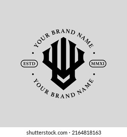 Monograma, logotipo de distintivo, letras iniciales V, W, VW o WV, interbloqueo, moderno, deportivo, color negro sobre fondo gris