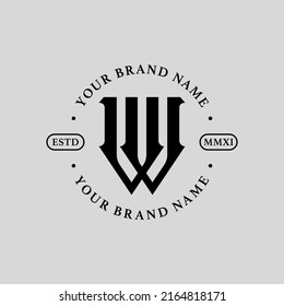 Monograma, logotipo de distintivo, letras iniciales V, W, VW o WV, moderno, deportivo, negro sobre fondo gris