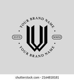 Monograma, logotipo de distintivo, letras iniciales V, W, VW o WV, moderno, deportivo, negro sobre fondo gris