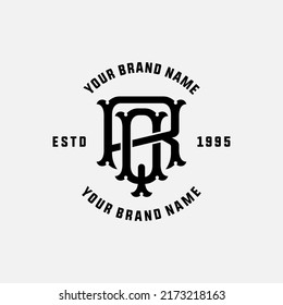 Monogram, Badge Logo, Initial letters R, Q, RQ or QR, Interlock, Vintage, Classic, Black Color on White Background