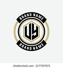 Monograma, logotipo de distintivo, letras iniciales U, Y, UY o YU, color moderno, deportivo, negro y dorado sobre fondo blanco