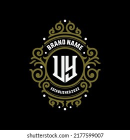 Monogram, Badge Logo, Initial letters U, Y, UY or YU, Modern, Sporty, White and Gold Color on Black Background