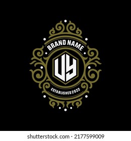 Monogram, Badge Logo, Initial letters U, Y, UY or YU, Modern, Sporty, White and Gold Color on Black Background