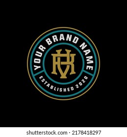 Monogram, Badge Logo, Initial letters R, V, RV or VR, Interlock, Modern, Sporty, White, Gold and Green Color on Black Background