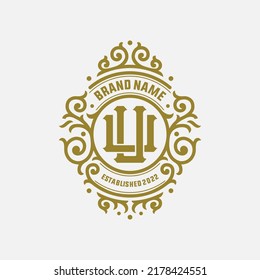 Monogram, Badge Logo, Initial letters U or UU, Interlock, Modern, Sporty, Gold Color on White Background