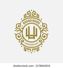 Monogram, Badge Logo, Initial letters U or UU, Interlock, Modern, Sporty, Gold Color on White Background