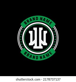 Monogram, Badge Logo, Initial letters W, U, WU or UW, Interlock, Modern, Sporty, White and Green Color on Black Background