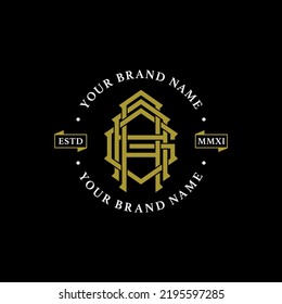 Monogram, Badge Logo, Initial letters A, G, AAG, AGA, or GAA, Interlock, Modern, Sporty, Yellow, White and Gold Color on Black Background