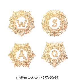 Monogram bage logo vector illustration text letter nature leaf badge emblem line set collection sign ornament element vintage frame elegant ornament