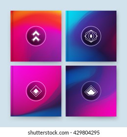 Monogram banner form. Bright a4 brochure title sheet set. Creative figure icon. Abstract composition. Rainbow color editable texture. Patch blue, pink multicolor construction. Light logo surface flyer