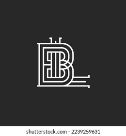 Logo de las iniciales de Monograma BL o LB diseño creativo en estilo medieval, solapamiento de dos letras B y L patrón lineal creativo, tejiendo símbolo de líneas delgadas en blanco y negro para tarjeta de negocios o boda