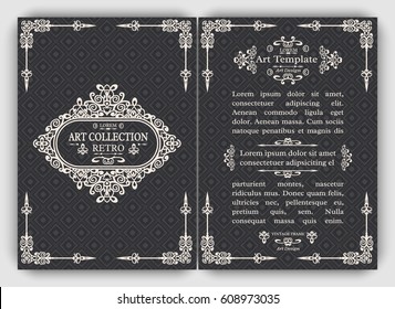 Monogram black cards template with vintage retro frames, ornate decorative elements, calligraphic ornaments, swirls and scrolls. Set of front and back flourishes A4 page design for flyer, menu, layout