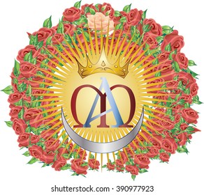 Monogram of the Blessed Virgin Mary, with crown,sun and half moon, with gradient letters in a frame of roses. Color vector symbol illustration.