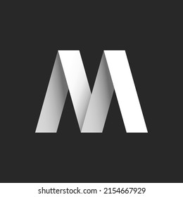 Monogram bold letter M 3d logo, broken line symbol design idea, paper cut ribbons black and white gradient, creative identity fashion salon zigzag emblem.