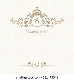 Monogram, border and classic seamless pattern. Template for greeting cards, invitations, menus, labels. Graphic design page.