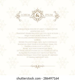 Monogram, border and classic seamless pattern. Template for greeting cards, invitations, menus, labels. Graphic design page.
