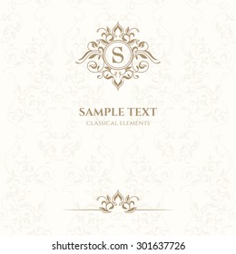 Monogram, border and classic seamless pattern. Template for greeting cards, invitations, menus, labels. Graphic design page. Vector illustration.