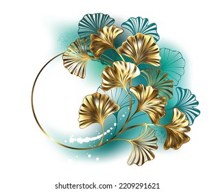 Monogram with branch with jewelry, gold and green leaves of ginkgo biloba on light, green painted background.