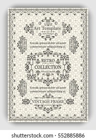 Monogram card template with vintage retro frames, ornate decorative elements, calligraphic ornaments, swirls and scrolls. Flourishes A4 page design for poster, flyer, menu, cover.