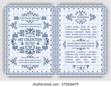 Monogram cards template with vintage retro frames, ornate decorative elements, calligraphic ornaments, swirls and scrolls. Set of front and back flourishes A4 page design for flyer, menu, layout.