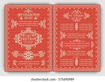 Monogram cards template with vintage retro frames, ornate decorative elements, calligraphic ornaments, swirls and scrolls. Set of front and back flourishes A4 page design for flyer, menu, layout.