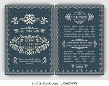 Monogram cards template with vintage retro frames, ornate decorative elements, calligraphic ornaments, swirls and scrolls. Set of front and back flourishes A4 page design for flyer, menu, layout.