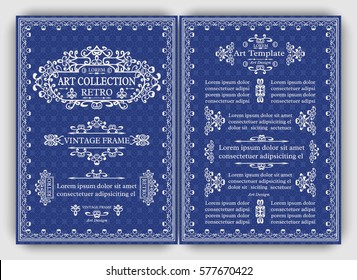Monogram cards template with vintage retro frames, ornate decorative elements, calligraphic ornaments, swirls and scrolls. Set of front and back flourishes A4 page design for flyer, menu, layout.