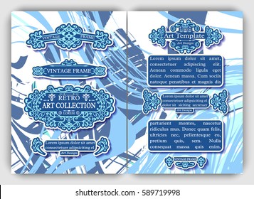 Monogram cards template with vintage retro frames, ornate decorative elements, calligraphic ornaments, swirls and scrolls on artistic background. Set of flourishes A4 page design for flyer, layout