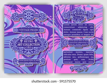 Monogram cards template with vintage retro frames, ornate decorative elements, calligraphic ornaments, swirls and scrolls on artistic background. Set of creative A4 page design for flyer, menu, layout