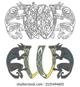 Monogram In The Celtic Style With A Wolf.