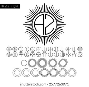 Monogram circle alphabet. Round geometric font for logos with a set of frames.