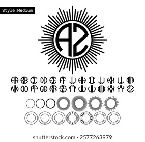 Monogram circle alphabet. Round geometric font for logos with a set of frames.