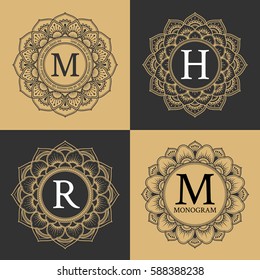 Monogram circle frame vintage luxury style. Elegant circle frame for border, logo, rubber stamp, wedding frame, emblem and label. Logo template for spa and hotel. Vector illustration