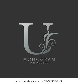 Monogram Classy U Letter logo icon vector design concept luxury nature leaf silver color.