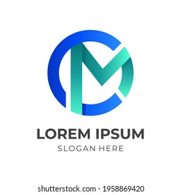 monogram CM logo design with 3d green and blue color style