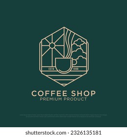 monogram Coffee shop logo design vector, vintage Outdoor coffee  logo illustration with outline style, best for  restaurant, cafe, beverages logo brand