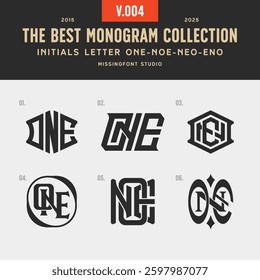 Monogram collection with initial ONE, NOE or ENO. Templates set logo designs. Can be applied on stationery, invitations, signage, packaging, or even as a branding element and etc
