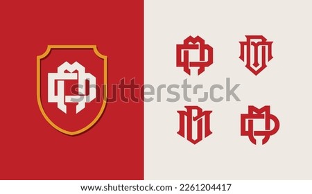 Monogram collection letter DM or MD with shield, interlock style good for brand, clothing, apparel, streetwear, baseball, basketball, football and etc