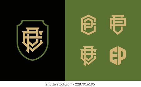 Monogram collection letter EP or PE with shield, interlock, modern style good for brand, clothing, apparel, streetwear, baseball, basketball, football and etc